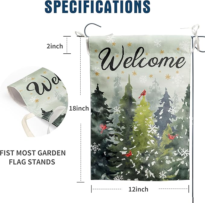Welcome Winter Garden Flag Pine Tree Flag Snowy Forest Red Birds Cardinals Flag 12x18 Double Sided Outdoor Christmas Farmhouse Decorations Seasonal Yard Flags
