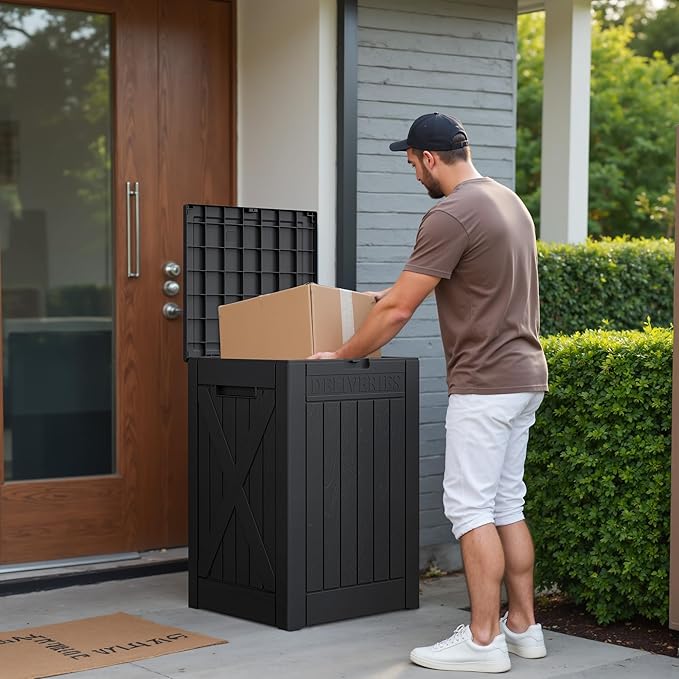 Greesum 52 Gallon Large Outdoor Package Delivery Box for Porch, Lockable Secure Double-Wall Resin Storage Box, Waterproof Deck Box for Package Protection, Black