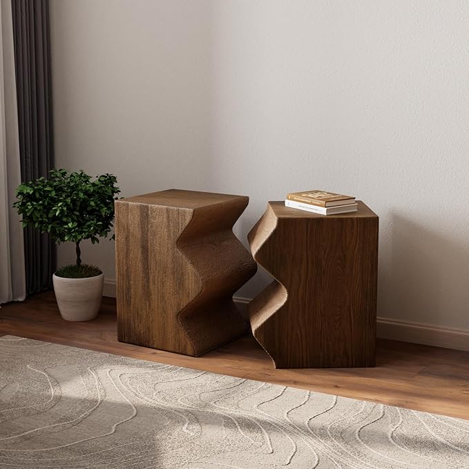 COSIEST Concrete Side Table, Set of 2 Rectangular Outdoor Side Tables, Decorative Garden Stools for Indoor Outdoor, Accent Table Patio Side Table Nesting End Table w Light Oak Colored Faux Wood