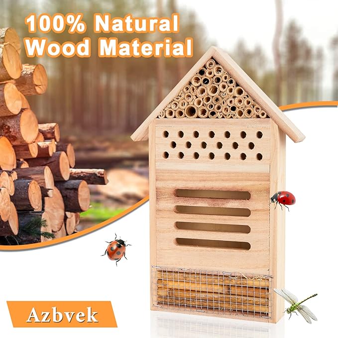 Wooden Insect House Hotel for Bee, Butterfly, Ladybirds, Beneficial Insect Habitat, Bug Hotel Garden 11.7" x 7.7" (A)