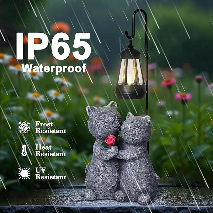 Outdoor Cat Garden Statues with Solar Lantern - Romantic Resin Kitty Couple Holding Rose, Funny Solar Cat Decor Gifts for Women, Cats Figurines for Yard Lawn Porch Patio