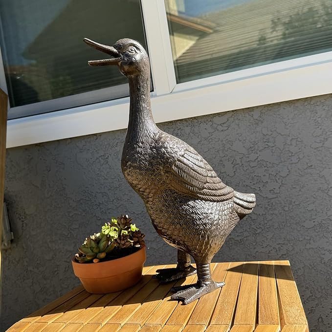 Cast Iron Duck Statue（15.7" Tall） - Heavy Duty Outdoor/Indoor Decor, Rust Brown Garden Art with Lifelike Feather Detailing, Weatherproof Bird Sculpture for Patio, Lawn & Home HC5387