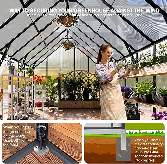 Greenhouse, 10x16 FT Easy Assembly Hybrid Polycarbonate Greenhouses for Outdoors w/3 Vent Windows & Swing Door Walk-in Green Houses Aluminum GreenHouses for Garden, Black