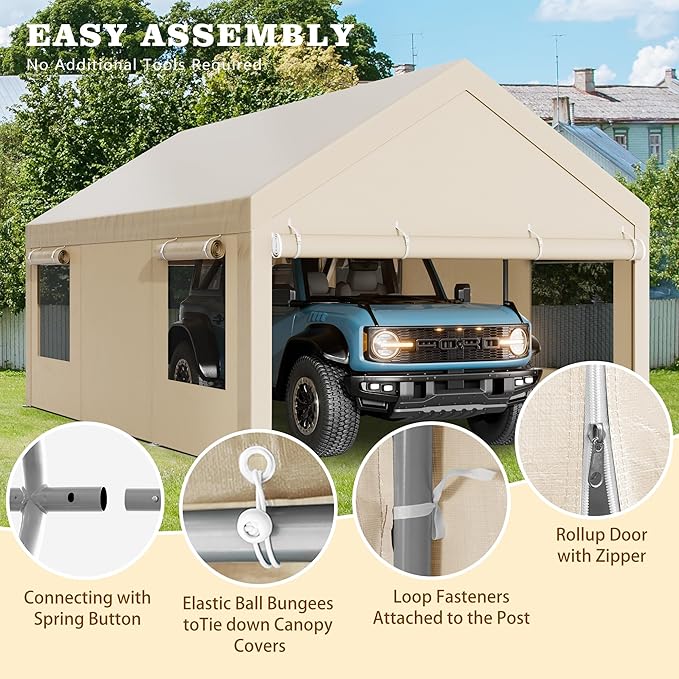 Walsunny Carport, 10x20 ft Heavy Duty Carport Canopy with Roll-up Windows, Portable Garage with Removable Sidewalls & Doors, Car Canopy with All-Season Tarp for Car, Truck, Boat