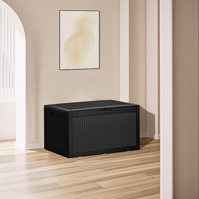 100GAL Black Wicker - Textured Outdoor Deck Box with Lock - Waterproof, SGS - Approved UV Resistance, Stylish Storage Solution for Patio Furniture and Outdoor Toys, Quick Assembly