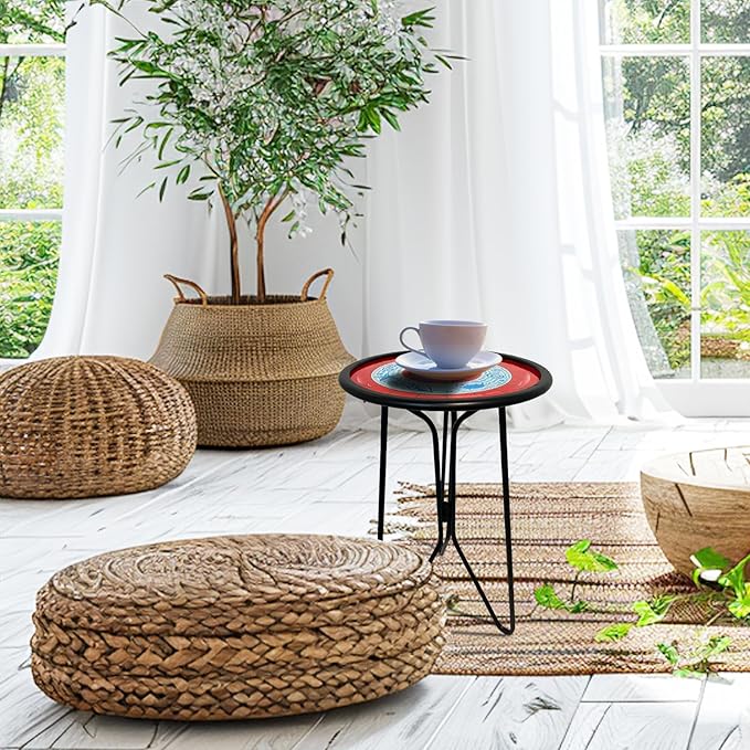 LIFFY Outdoor Side Tables, 12" Coffee Table Small Patio Table, Indoor Small Round Home Decorative End Table, Plant Stands Table Outside, for Yard Balcony Garden Bedside Pool Beach（Metal & Glass,Red）