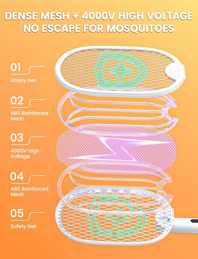 Electric Fly Swatter Foldable Bug Zapper Racket with 4000V 1800mAh Rechargeable Battery 5-Layer Safety Mesh Dual Modes with Mosquito Light Suitable for Indoor or Outdoor Use (White)