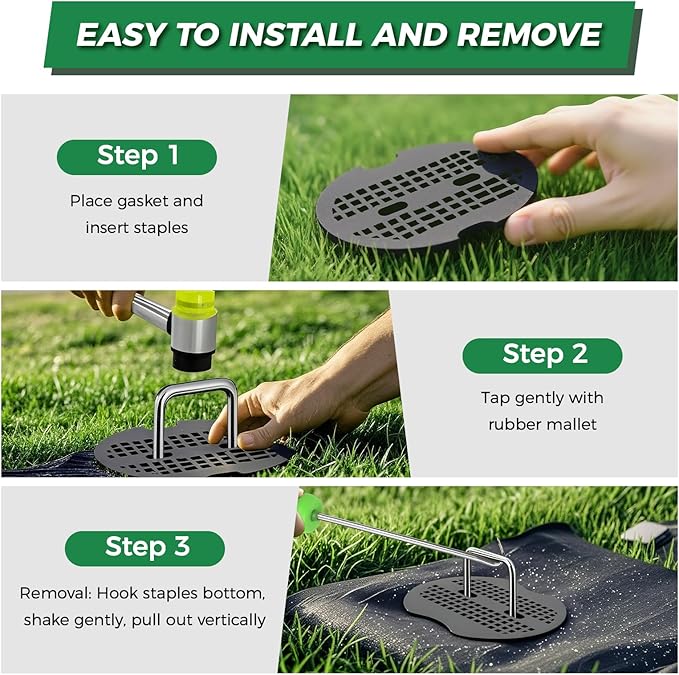 50Pcs Landscape Fabric Pins+50Pcs Gasket+Pick Hook+Rubber Mallet, 6 Inch Landscape Fabric Staples 11 Gauge U Shaped Galvanized Landscape Pins Yard Ground Pin for Weed Barrier Sod Fabric Decoration