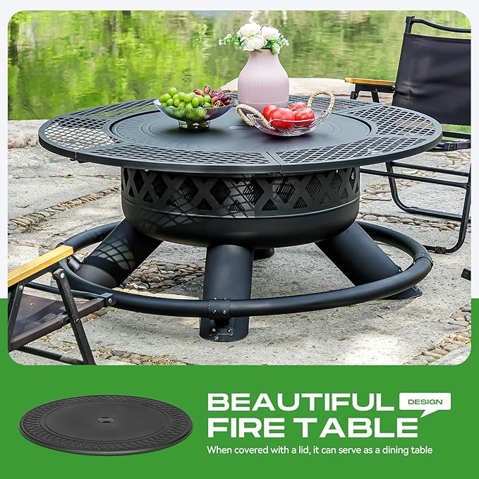 47 Inch Outdoor Wood Burning Fire Pit with 2 Grills,Extra Large 3-in-1 Fire Pit with Metal Lid & Fire Poker, Heavy Duty BBQ Firepits for Outside, Backyard, Bonfire, Patio & Party (47'' Black)
