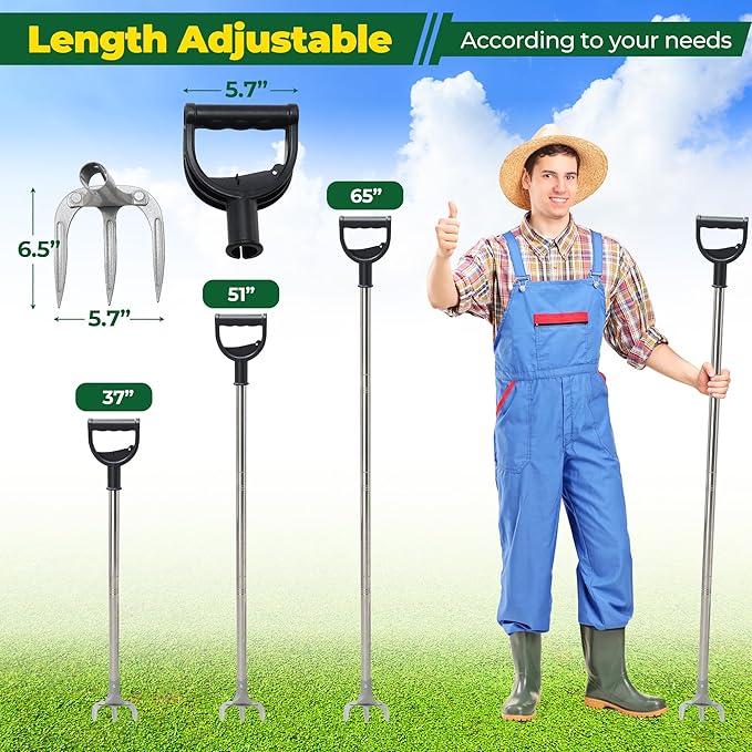 Hand Garden Rake, Adjustable Handle Heavy Duty Garden Cultivator Rake with D-Type Grip for Digging, Weeding, Loosening