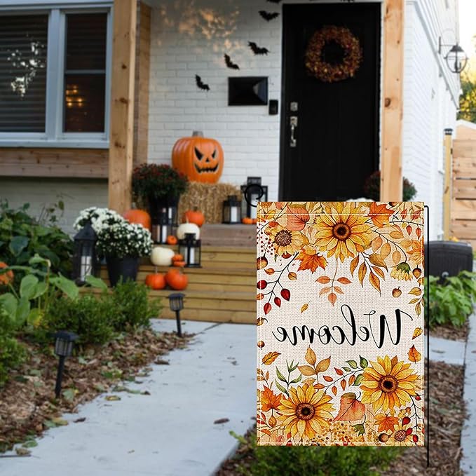 Fall Garden Flag 12 x 18 Inch Double Sided Welcome Sunflower Maple Leaves Designs Autumn Burlap Yard Flag for Outside Rustic Yard Outdoor Holiday Home Decoration