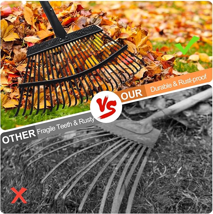 Rake for Leaves, 25 Metal Tines Wide Leaf Rake, 60'' Leaf Rakes for Lawns with Adjustable Steel Handle for Camping Flower Beds Mulch Shrub, Black