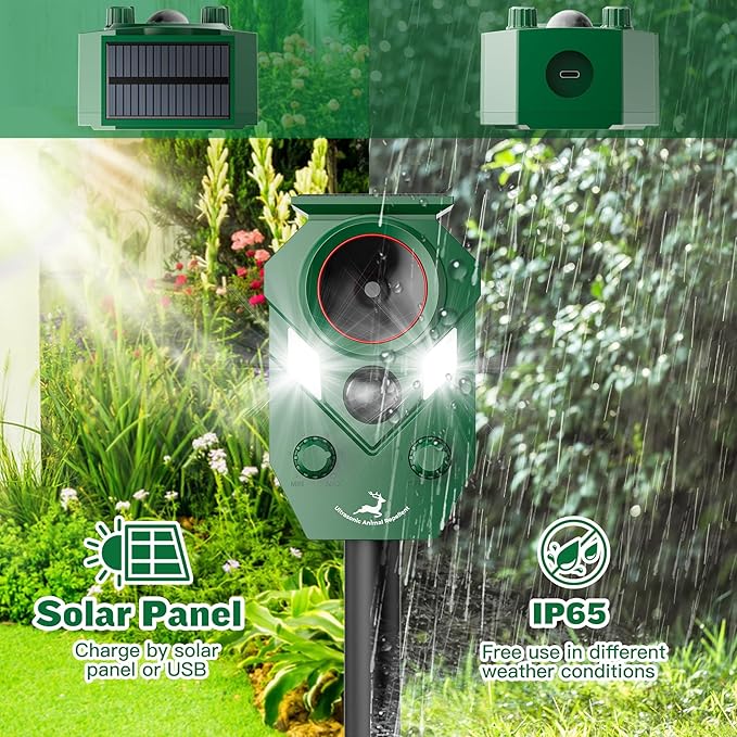 4 Pack of X-PEST Solar-Powered Ultrasonic Animal Repellent for Outdoor Yard, Waterproof Cat Deterrent with LED Flashing Lights and Motion Sensor,Effective to Repel Cats, Coyotes, Raccoons, and Deer