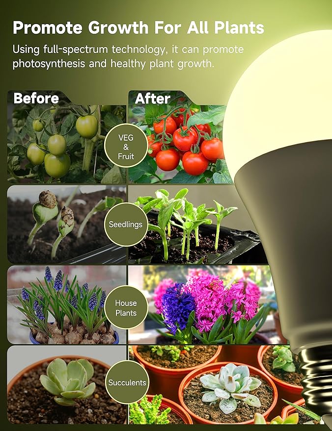 Grow Light Bulbs, Full Spectrum Light Bulb, A19 Grow Light Bulb, Plant Light Bulbs E26 Base, 9W Plant Grow Light Bulbs 100W Equivalent, Grow Light for Indoor Plants, Seeds, Flowers, 12 Pack