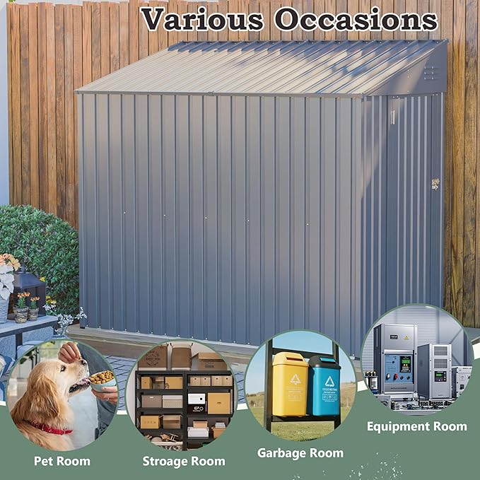 4x7 FT Lean-to Metal Storage Shed with Single Lockable Side Door, Sloping Roof Galvanized Steel Outdoor Tool Shed for Garden, Patio & Backyard Storage