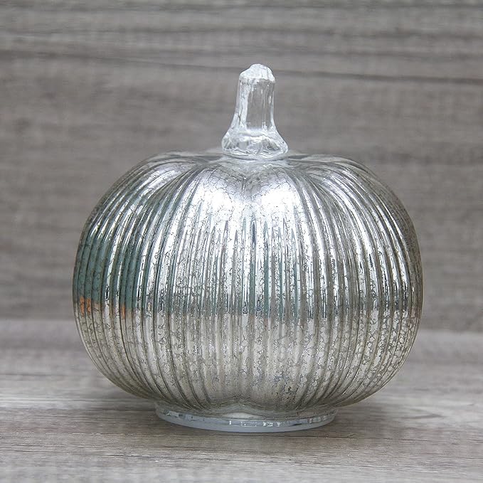 Mercury Glass Pumpkin Lights with Timer, Battery Operated Led Pumpkin Lights for Halloween Fall,Thanksgiving Rustic Decor (Silver Fine-Striped, 6")
