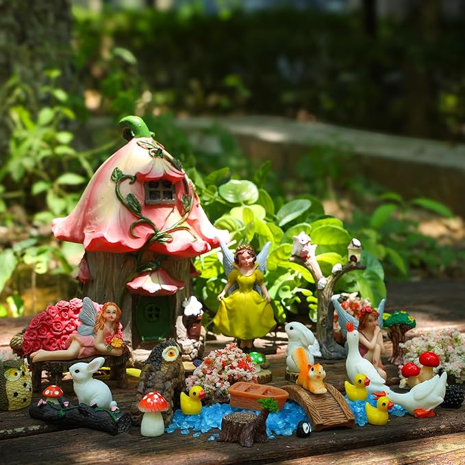 93 Pcs Fairy Garden House Resin Accessories Fairy Elves Kit Miniature Fairy Figurines Ornaments Animals Decor Outdoor for DIY Dollhouse