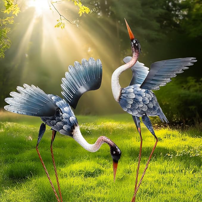 MUMTOP Crane Garden Statues for Outside, 2 Pack Blue Heron Garden Sculpture Statue, Large Bird Yard Art for Backyard Pond Patio Porch Decoration