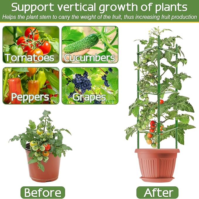 Halatool 8 Pack Tomato Cages for Garden, Up to 48in(4FT) Adjustable Tomato Cage,Garden Stakes Tomato Trellis for Pots, Green Tomato Plant Support with Snap-On Arms for Vegetables Plants(6 Buckles)