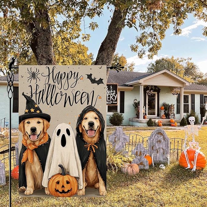 Happy Halloween Garden Flag Cute Puppy & Ghost Garden Flag Vertical Double Sided Rustic Farmland Burlap Yard Lawn Outdoor Decor 12.5x18"