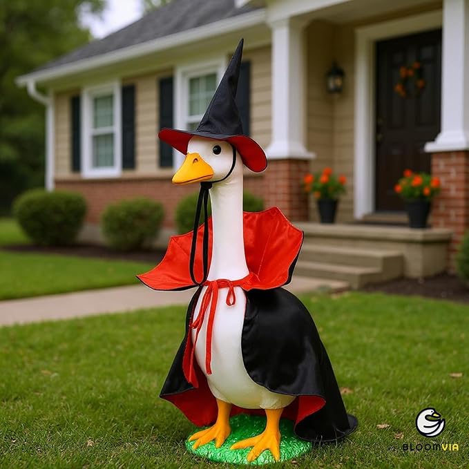 Lawn Goose Outfit – Glossy Cape & Adjustable Hat for 23″ Goose Statue – Halloween & Vampire & USA Flag Costume