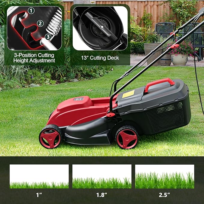 Electric Lawn Mower, 13" Corded Lawnmower with 10 Amp Copper Motor, 6.6-Gallon Grass Collection Box & 3-Position Heights, Push Lawn Mower Electric De-Thatcher for Garden & Farmyard (Red)