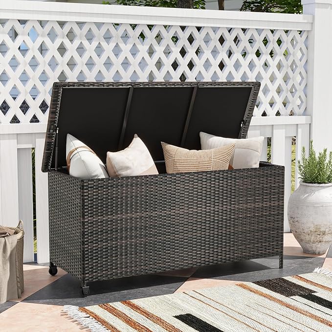 Tangkula Rattan Deck Box, 85 Gallon Storage Container with Waterproof Liner, Wheels & Gas Strut, Indoor Outdoor Wicker Storage Cabinet, Storage Furniture for Pillows, Cushions (Brown)
