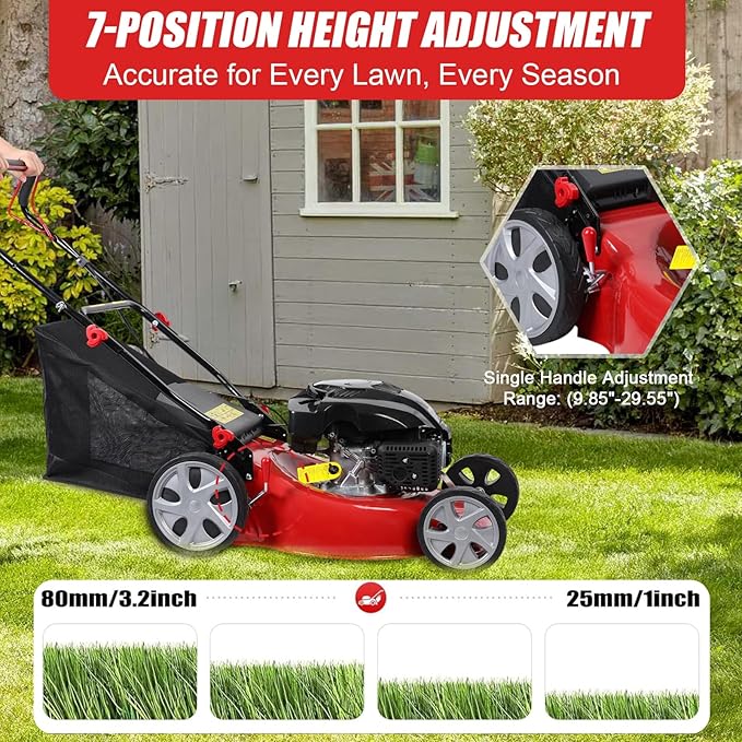 Self Propelled Gas Lawn Mower, 141cc Gas Engine Walk-BehindLawn Mower Cordless Walk-Behind Lawns Mowers with 20 Inches Blade 50L Grass Tank Big Wheels Red