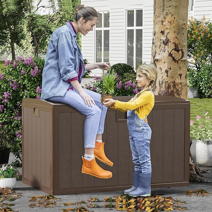 130 Gallon Outdoor Waterproof Storage Box Lockable Outdoor Storage Boxes Deck Storage Boxes for Package Delivery Deck Boxes for Patio Furniture, Garden, Tools - Faux Wood Grain Brown