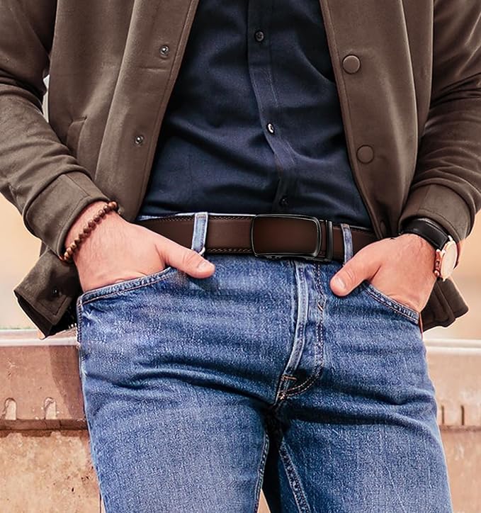 BULLIANT Men's Ratchet Belt 2 Pack-Click Leather Belt Adjustable for Men Gift 1 3/8-Cut for Perfect Fit