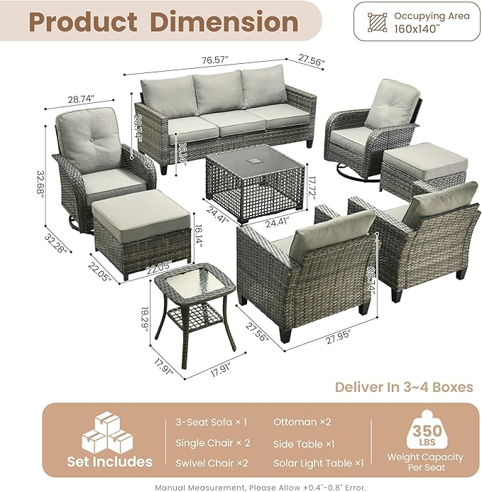 HOOOWOOO Outdoor Patio Furniture Set,9 Pieces Wicker Conversation Set,All Weather Couch Set with Swivel Chairs Solar Light Table Ottoman 9 Seaters for Out Door Yard(Charcoal Gray)