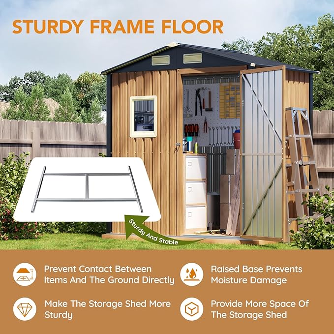 6X4FT Garden Storage Shed with Frame Floor & Lockable Door,Steel Tool Shed with 1 Clear Window, Anti-Corrosion Metal Shed for Backyard Patio Lawn (Light Wood Grain)