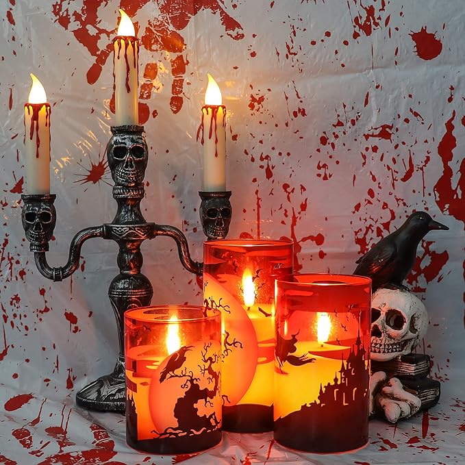Eldnacele Halloween Flickering Candles with Witch, Crow Raven, Castle Decals, Red Glass Battery Operated Flameless LED Candles with Remote, Real Wax Candle Set of 3 Halloween Decorations