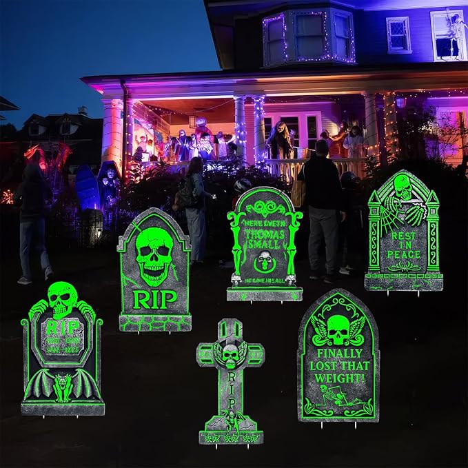 17”×10” Large Halloween Yard Decorations, 6 Pack Waterproof Glow in The Dark Tombstones, Outdoor Light Up Gravestones for Yard, Party, Home and School, Spooky Cemetery Halloween Decor