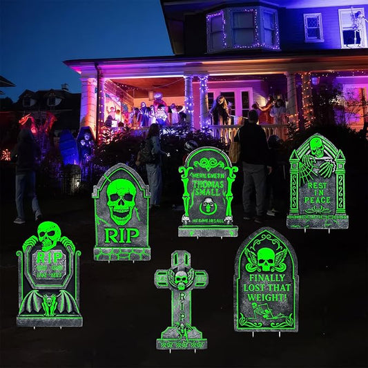 17”×10” Large Halloween Yard Decorations, 6 Pack Waterproof Glow in The Dark Tombstones, Outdoor Light Up Gravestones for Yard, Party, Home and School, Spooky Cemetery Halloween Decor