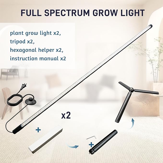 2PCS T8 Standing Grow Light, 42W Full Spectrum LED Grow Light for Indoor Plants, Plant Lamp with 243 LEDs, Wide Illumination Area, 4FT Height with On/Off Switch and Tripod Floor Stand