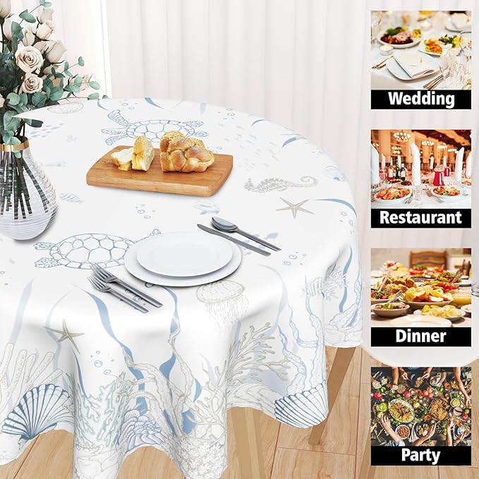 Giwawa Nautical Coastal Round Tablecloth 60 Inch, Ocean Sea Turtle Seahorse Coral Seaweed Starfish Washable Reusable Table Cover for Dining Room Party Picnic Dinner Decor