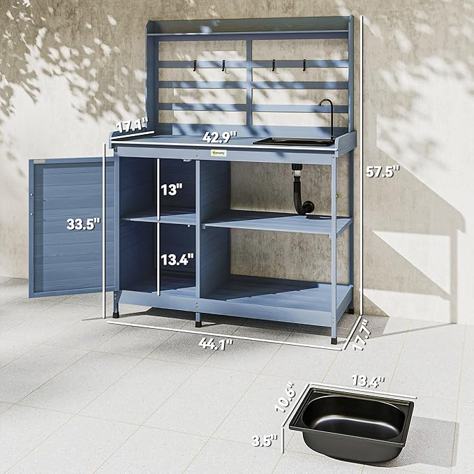 Outsunny Outdoor Wooden Potting Bench Table with Sink and Water Tap, Garden Workstation with Storage Cabinet, Storage Shelves for Backyard, Patio, Balcony, Gray