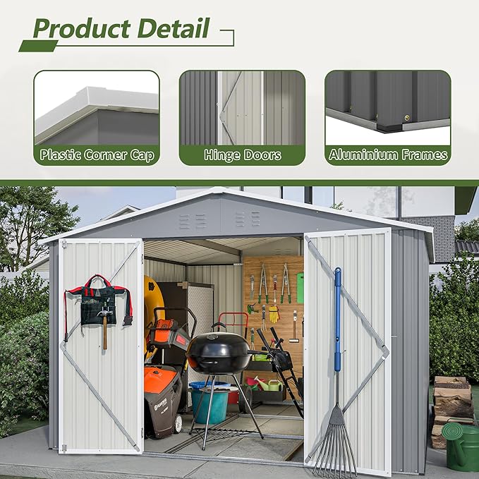 10x10 FT Outdoor Storage Shed with Floor,Metal Shed W/Air Vent & Sloped Roof,All Weather Waterproof Garden Tool House W/Lockable Hinged Door,for Backyard,Patio,Lawn,Gray