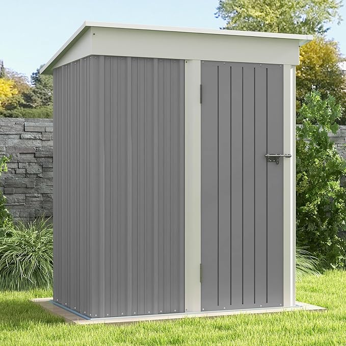 Patiolife 5x3 FT Outdoor Storage Shed, Metal Shed with Lockable Door & Sloping Roof, Steel Tool Shed for Backyard Patio Lawn, Grey