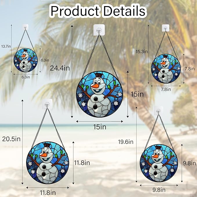Stained Glass Window Hanging Christmas Funny Snowman 7.8" - Suncatcher Door Garden Blue White Snowflakes Sun Catcher New Year Birthday for Friend Mom Men Woman Nana