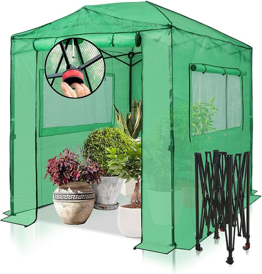 EAGLE PEAK Instant Pop-up Greenhouse, Indoor Outdoor Plant Gardening Green House, Roll-Up Zipper Doors and Side Windows, Walk in 8x6 ft, PE Cover, Green/Clear