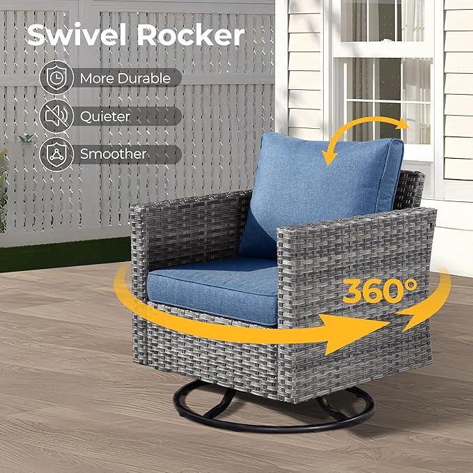 HOOOWOOO 10 Piece Patio Sectional Furniture Set with Fire Pit Table,Modern Wicker Outdoor Conversation Sofa Sets,Weather Resistant Modular L Shaped Outside Couch Swivel Chair Set(Denime Blue)