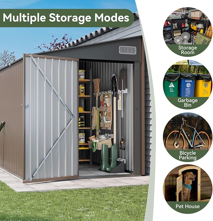7'x5.5' Lean to Shed Galvanized Steel Storage Sheds with Side Door Waterproof Utility Shed with Sloped Roof for Mower, Bike, Garden Tools (Brown)