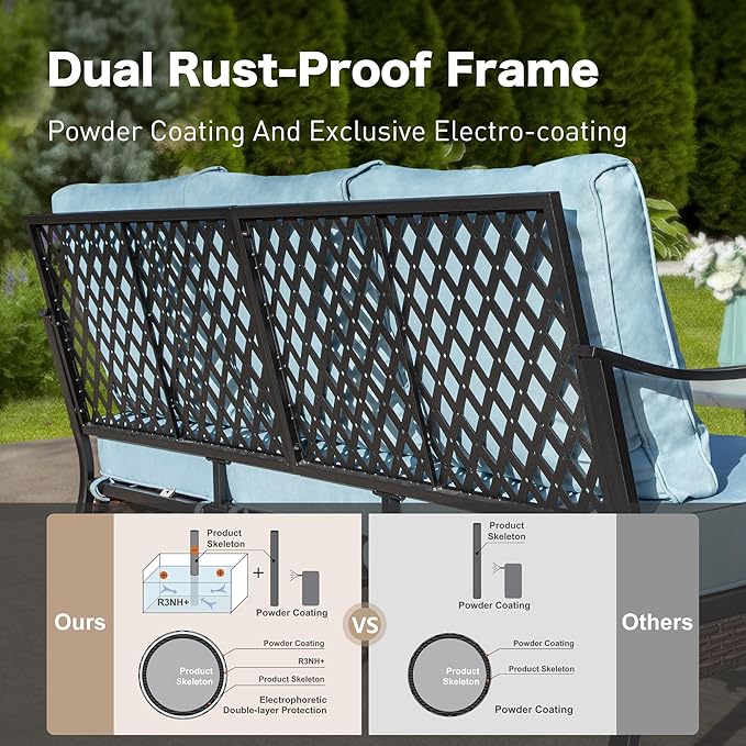 4 Piece Black Metal Outdoor Patio Furniture Sets with Firepit Table, Patio Conversation Sets 1 3-Seater Sofa, 2 Swivel Sofa with 5.75" Thick Cushion Backyard Furniture for Deck, Blue