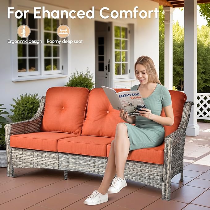 4 Pieces Patio Outdoor Furniture Set,All Weather Wicker Rattan Patio Seating Sofa and Chair Set w/ 3-Seater Sofa and Glowing Coffee Table,Outdoor Conversation Sets for Deck Yard Garden,Red