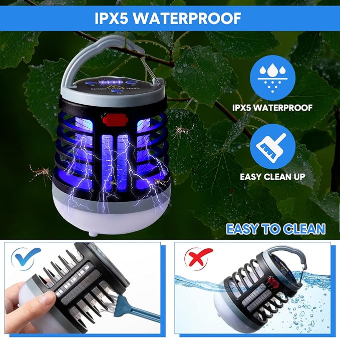 2 Pack 3 in 1 Bug Zapper USB Rechargeable Mosquito Killer Portable Waterproof Mosquito Repellent Outdoor Indoor LED Lantern Bug Zapper Camp Light SOS Emergency Light for Home, Backyard, Patio (Black)