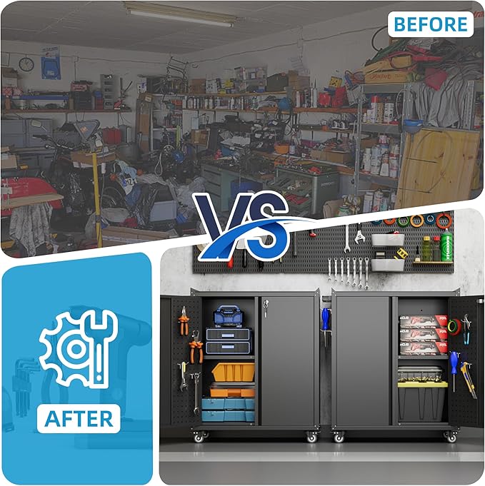 Metal Tool Cabinets with Pegboard and Hooks,Garage Storage Cabinet with Wheels and 2 Lockable Doors for Garage, Home, Office,Assembly Required,Black,13.8" D x 26" W x 34.3" H