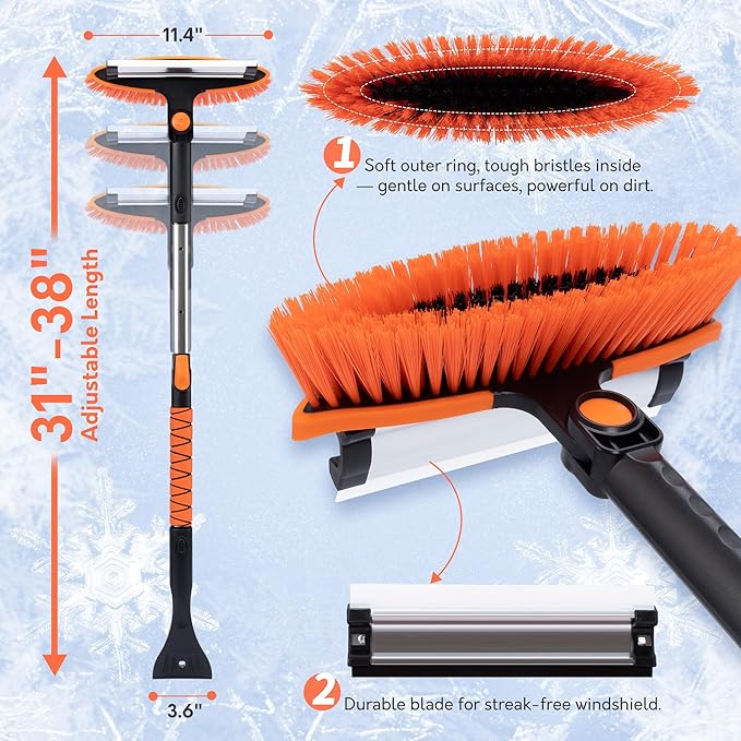 TONDA Snow Brush and Ice Scraper for Car Windshield, 180° Rotating Brush with Squeegee, Extendable Handle with Foam Grip, Snow Shovel for Cars, Trucks & SUVs, Orange