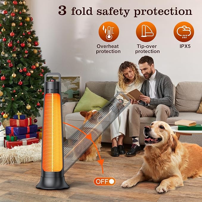 Outdoor Patio Heater, Electric Infrared Heat for Garage Backyard Indoor use, Portable Space Radiant Tower Heater with 60°Oscillating, Safety Lock, IP65 Waterproof, Black